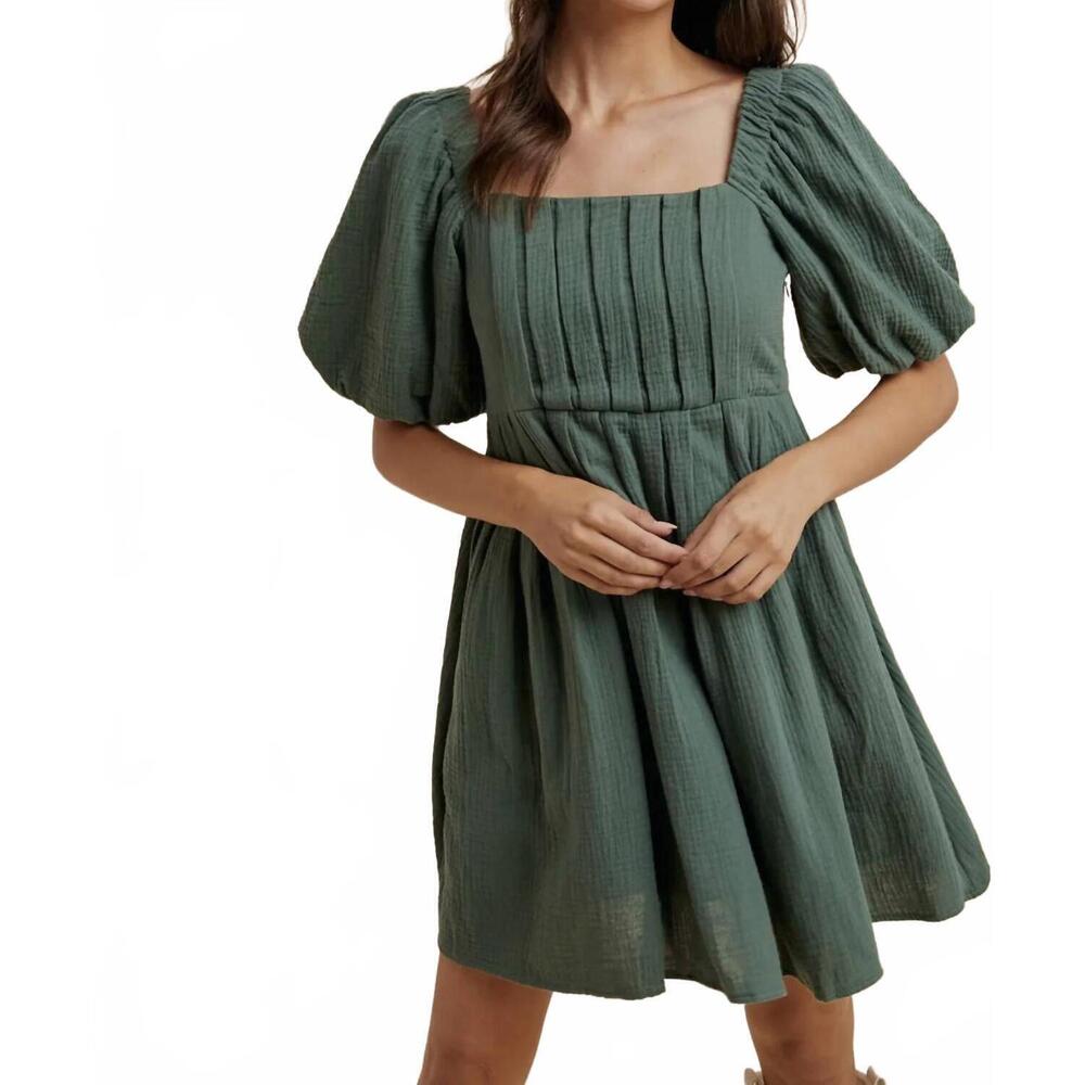 NEW IN-LOOM cotton box pleat mini dress in evergreen